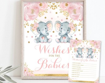 Wishes for Babies. Twin Elephant Baby Shower. Twin Girls Well Wishes Card and Sign. Pink and Gold Floral INSTANT DOWNLOAD. EL6