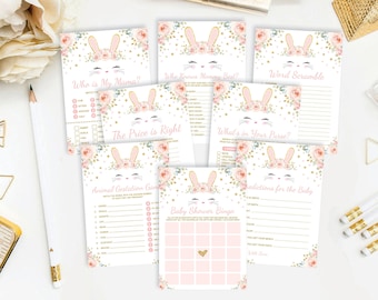 Blush Floral Bunny Baby Shower GAMES PACKAGE. 8x Pink and Gold Rabbit Printable Games. Girly Bunny Watercolor Roses Instant Download. BUN13