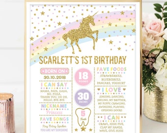 May include: A printable first birthday milestone poster featuring a gold glitter unicorn against a rainbow background. The poster includes details like the child's name, birthdate, weight, height, favorite foods, things they can say, and things they can do. The poster is decorated with gold stars.