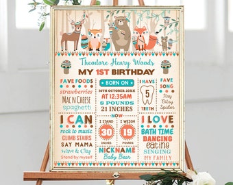 Tribal Woodland 1st Birthday Milestone Poster. Wild One Forest Animals Birthday Chalkboard Printable Sign. EDITABLE TEMPLATE. TRI2