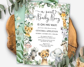 Editable Safari Baby Shower Invitation. Jungle Sweet Baby Boy Invite. Wild Animals Greenery Printable Template. Instant Download. JUN13