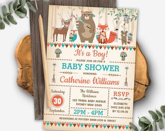 Tribal Woodland Baby Shower Invitation Template. Rustic Forest Animals Couples Shower Printable Invite. EDITABLE Instant Download. TRI2