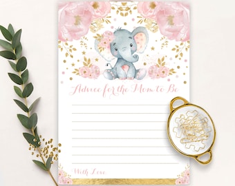 Blush Floral Elephant Advice Card for MOM, MUM, PARENTS. Pink Gold Girl Baby Shower Game. Well Wishes Printable Instant Download. EL6