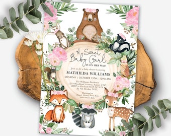 Modifiable Girl Woodland Baby Shower Invitation Pink Floral Forest Animals Sweet Baby Girl Printable Invite Corjl Template Download. BOIS25
