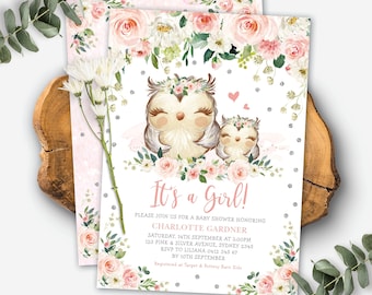 May include: It's a Girl! Baby shower invitation with a pink and white floral design featuring two owls with floral crowns. The text reads "It's a Girl!" and includes details for the baby shower, including the date, time, location, and RSVP information.