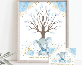 EDITABLE Boy Elephant Thumbprint Guestbook, Blue Gold Floral Jungle Fingerprint Tree Printable, Little Peanut Welcome Baby Sign Template EL6