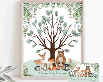 EDITABLE Woodland Thumbprint Guestbook. Greenery Forest Fingerprint Tree Printable. Cute Animals Welcome Baby Sign. INSTANT DOWNLOAD. WOOD24