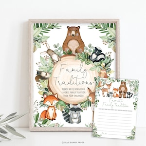 Familietradities ondertekenen en notitiekaart. Afdrukbare Woodland Baby Shower-spellen downloaden. Rustieke groendieren. HOUT24