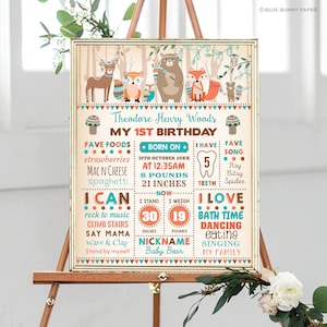 Tribal Woodland 1st Birthday Milestone Poster. Wild One Forest Animals Birthday Chalkboard Printable Sign. EDITABLE TEMPLATE. TRI2 image 1