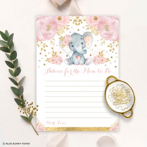 Blush Floral Elephant Advice Card para MOM, MUM, PADRES. Rosa oro chica bebé juego de ducha. Bueno deseos imprimible descarga instantánea. EL6