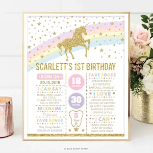 Placa de marco de aniversário de unicórnio, decoração de arco-íris, pôster personalizado para o primeiro aniversário da menina, decoração de festa editável UNI14