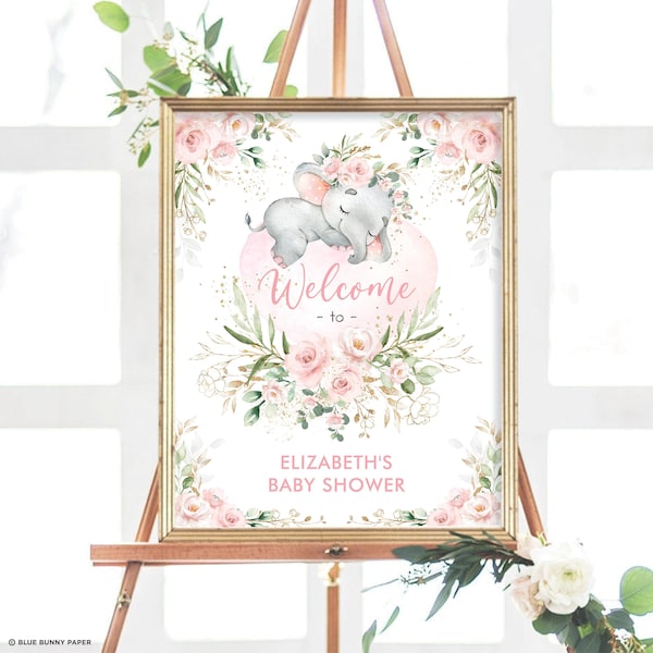 EDITABLE Girl Elephant Welcome Sign, Blush Pink Floral Baby Shower Poster, Wild One 1st Birthday Jungle Template Instant Download, EL17