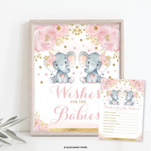Deseos para bebés. Baby Shower con elefante gemelo. Tarjeta y signo de buenos deseos para niñas gemelas. DESCARGA INSTANTÁNEA Floral Rosa y Dorada. EL6