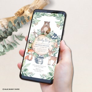 Invito elettronico per baby shower nel bosco. Modello di invito elettronico per animali della foresta. Invito digitale. Download istantaneo personalizzabile di Greenery. LEGNO24