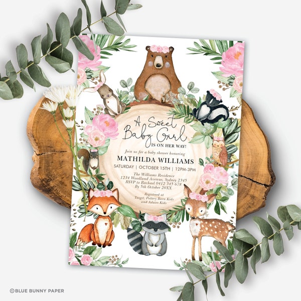 Editable Girl Woodland Baby Shower Invitation Pink Floral Forest Animals Sweet Baby Girl Printable Invite Corjl Template Download. WOOD25