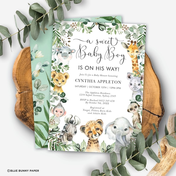 Editable Safari Baby Shower Invitation. Jungle Sweet Baby Boy Invite. Wild Animals Greenery Printable Template. Instant Download. JUN13