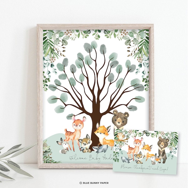 Woodland Thumbprint Guestbook Sign, Forest Animals Fingerprint Tree Printable, Greenery Welcome Baby Sign, EDITABLE TEMPLATE. WOOD27