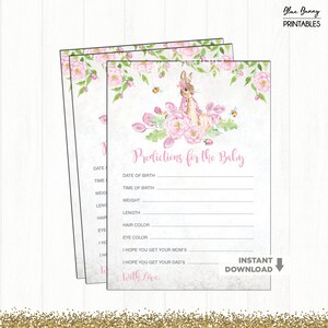 Carte de prédiction bébé lapin rose. Prédictions de lapin pour bébé. Devinez les statistiques de bébé. Jeu de bébé jardin floral minable. Activité de douche de bébé. BUN5