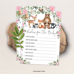 Wünsche für Baby, Mädchen Waldtiere Baby Shower Spiel, rosa Blumen Wald Baby Sprinkle Printable, Instant Download, WOOD25