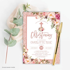 Editable Rose Gold Baptism Invitation. Pink Floral Christening Printable Invite. Flower Holy Communion Template Download. FLO30
