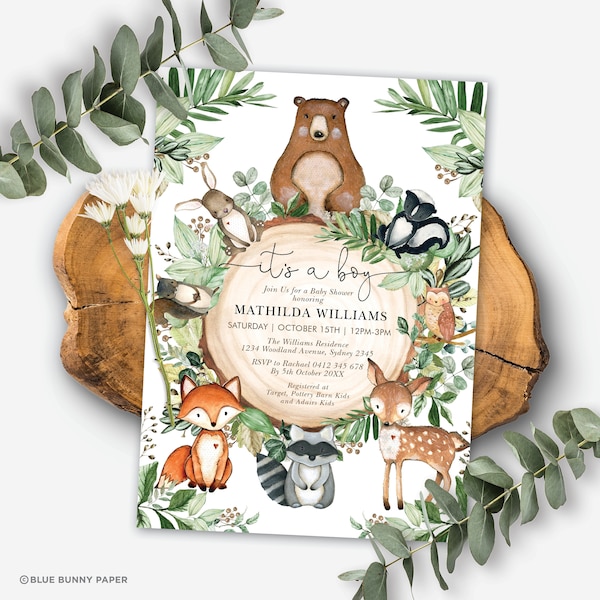 Bearbeitbare Wald-Babyparty-Einladung. Niedliche Wald Grün Wild Tiere Printable Corjl Vorlage. HOLZ24