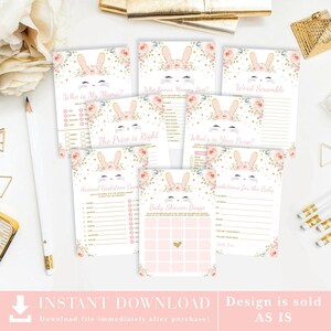 Blush Floral Bunny Baby Shower GAMES PACKAGE. 8x Pink and Gold Rabbit Printable Games. Girly Bunny Watercolor Roses Instant Download. BUN13