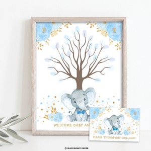 EDITABLE Boy Elephant Thumbprint Guestbook, Blue Gold Floral Jungle Fingerprint Tree Printable, Little Peanut Welcome Baby Sign Template EL6