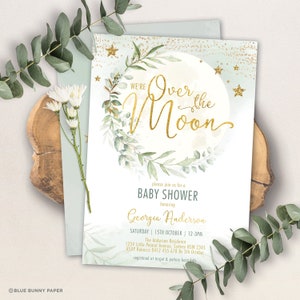 Over the Moon Baby Shower Invitation Twinkle Twinkle Little Star Printable Invite Dreamy Greenery Gold EDITABLE TEMPLATE Download. MOON9 image 5