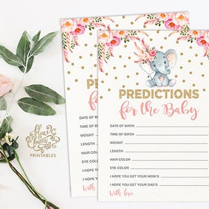 Carte de PRÉDICTION BÉBÉ Éléphant Or Rose. Prédictions pour bébé. Devinez les statistiques de bébé. Boho Rose Floral Jungle Baby Shower Jeu. FLO12AE