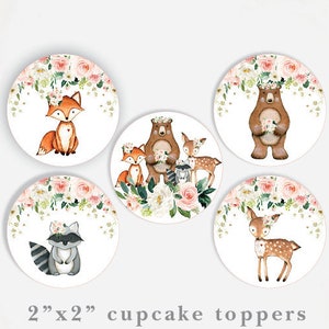 Floral Woodland Baby Shower Dekorationen. Waldtiere Cupcake Toppers. Rosa Blumen 1st Birthday Party Favor Tags SOFORTIGER DOWNLOAD. HOLZ15