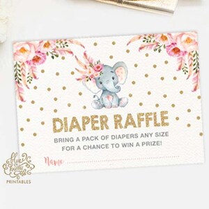 Pink Floral Elefant WINDEL Tombola. Mädchen-Elefant-Baby-Dusche-Einladungs-Einsatz-Karte. Rosa Gold Boho Boho Baby Shower Printable. FLO12AE