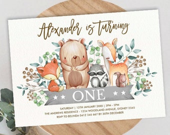 Woodland Forest Animals 1st Birthday Invitation DIY EDITABLE TEMPLATE / Cute Baby Animals Party Printable Invite / Fox Bear Deer / WOOD12