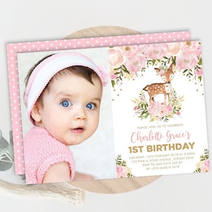 Modèle d&#39;invitation d&#39;anniversaire Woodland Deer Girl. Invitation imprimable de fête de la forêt d&#39;or rose. Invitation modifiable florale aquarelle. FLO18G-Cerf