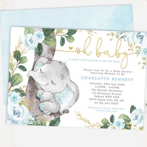 Blue Roses Elephant Boy Baby Shower EDITABLE Invitation Template. Blue Gold Watercolor Greenery Jungle Wild One Printable Invite. EL9