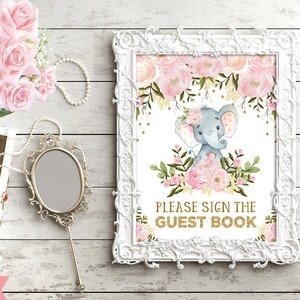 Elefant Gästebuch Schild. Rosa Blumen Babyparty. Rosa Gold Elefant Baby Shower druckbare Schild. Blumen-Baby-Mädchen-Dusche-Dekoration FLO18AE