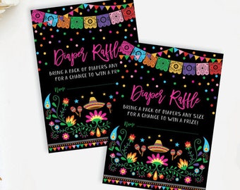 May include: Two printable black and white cards with colorful Mexican-themed designs. The text on the cards reads "Diaper Raffle" and asks guests to bring a pack of diapers for a chance to win a prize.