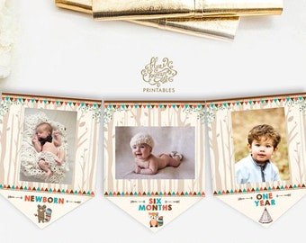 Tribal Monthly Photo Banner. Wild One Woodland Animals Pennant Flags Bunting. 1st Birthday Party Decorations. INSTANT DOWNLOAD. TRI2