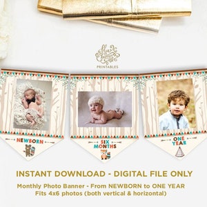 Tribal Monthly Photo Banner. Wild One Woodland Animals Pennant Flags Bunting. 1st Birthday Party Decorations. INSTANT DOWNLOAD. TRI2