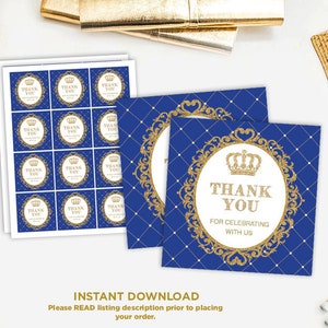 Royal Prince Baby Shower Favor Tags. Prince First Birthday Party Decoration. Royal Blue and Gold Crown Thank You Gift Tags. RBG1