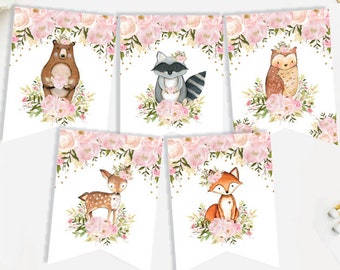 Girl Woodland Animals Printable Banner. Blush Pink Watercolor Floral 1st Birthday Baby Shower Decorations. Forest Bunting Download. FLO18G