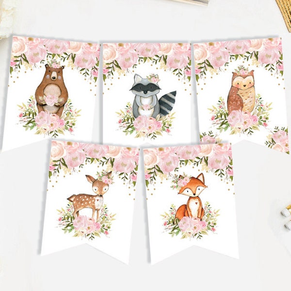 Girl Woodland Animals Printable Banner. Blush Pink Watercolor Floral 1st Birthday Baby Shower Decorations. Forest Bunting Download. FLO18G