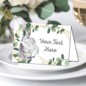 Cartes de place d’éléphant d’or de verdure. MODÈLE MODIFIABLE. Décoration moderne de baby shower de jungle botanique. Imprimable neutre en matière de genre. GR1
