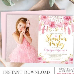 Slumber Party Pink Roses Dreamcatcher Invitation Template. EDITABLE Boho Sleepover Birthday Printable Invite. Pink Gold Floral. BOHO4 image 1