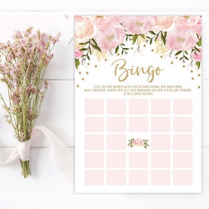 Blush Floral Bingo Baby Shower Spiel. Rosa und Gold Babyparty zum ausdrucken. Pastell Baby Mädchen Aquarell Blumen. Babyparty Aktivität. FLO18A