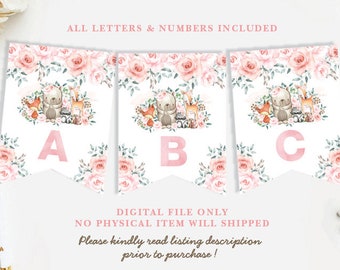 Feminine Woodland Animals Baby Shower Decorations. Pink Floral Roses Printable Banner Birthday Party Bunting. Cute Forest DOWNLOAD. WOOD18