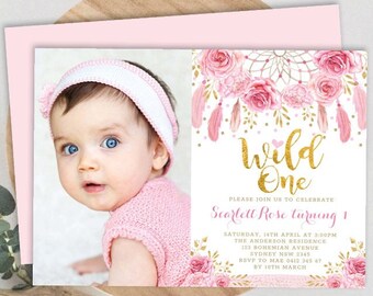 Boho Roses Dreamcatcher Wild One 1st Birthday Invitation Template. Tribal Pink Gold Watercolor Floral EDITABLE Printable Invite. BOHO4