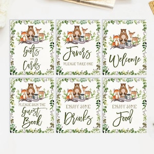 Woodland Animals Baby Shower Table Signs. Forest Greenery Shower Decoration. Woodland Baby Shower Package. INSTANT DOWNLOAD. BOT5