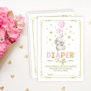 Pink Gold Elephant DIAPER Raffle. Girl Elephant Baby Shower Invitation Insert Card. Pink Heart Balloon Twinkle Little Star Printable. LP2 image 1