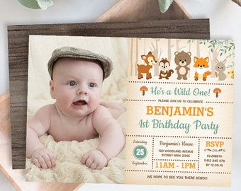 EDITABLE Woodland Birthday Invitation. Forest Wild One First Birthday Party Invite Template. Rustic Woodland Animals Printable. WOOD1