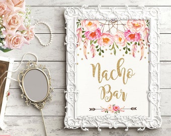 Nacho Bar Bridal Shower Sign Hens Party Decor Boho Pink and Gold Glitter Printable FLO12A